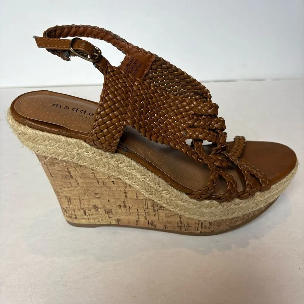 Madden Girl Brown High Wedge Sandals Kahara Braided Straps Size 7.5M